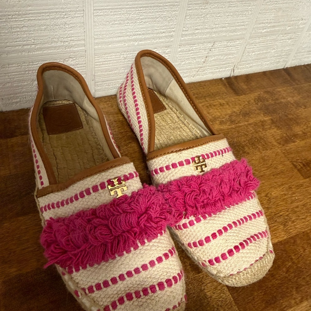 Tory Burch Pink and Cream Woven Fringe Espadrilles